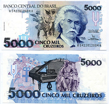 Бразилия 5000 крузейро 1992 серия А 5422, подпись 29 Pick 232b бумага UNC (пресс) 8603-42-2-1