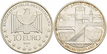 ФРГ 10 евро 2002 D, 100 лет немецкому метро KM 216, DE.S. 10.2 серебро UNC 1082-9-43