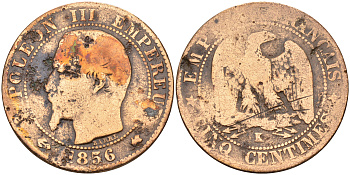 Франция 5 сантимов 1856 К, Наполеон III (1852-1870) KM 777.5, LA FRANC 116.34 медь    4142-441