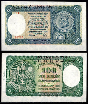 Словакия 100 крон 1940 образец, SPECIMEN, перфорация Pick 11 a бумага aUNC 451-1111-2