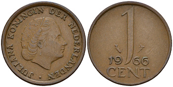 Нидерланды 1 цент 1966 Юлиана (1949-1980) small data KM 180 бронза    4598-246