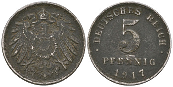 Германия 5 пфеннигов 1917 A, Вильгельм II (1888-1918) KM 19, AKS 17, J 297, Schon DM 20, Neum 33 железо 4588-226