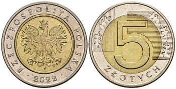 Польша 5 злотых 2022 MW KM 284 биметалл 4584-233