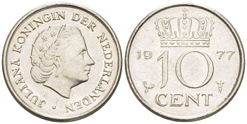 НИДЕРЛАНДЫ 10 ЦЕНТОВ 1977 ЮЛИАНА (1948-1980) KM 182 никель 211-1232