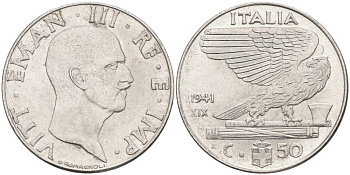 ИТАЛИЯ 50 ЧЕНТЕЗИМО 1941 R, ГОД XIX, ВИКТОР ЭММАНУИЛ III (1900-1946) KM 76b, VEM3. 1063 нержавеющая сталь 3853-324