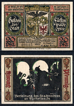 Фюрстенвальде (Пруссия, Бранденбург) 20 пфеннигов 1921 Mehl Grabowski 403.1a-2/15 бумага 7555-20-3-2