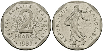 Франция 2 франка 1983 сеятель KM 942.1 никель 4120-425