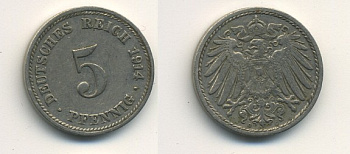 ГЕРМАНИЯ 5 ПФЕННИГОВ 1914 D, KM 11, J. 12 медно-никель 54-668