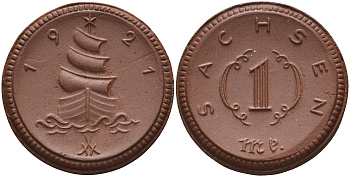 Саксония 1 марка 1921 парусник J. N 55 фарфор 1094-4-65