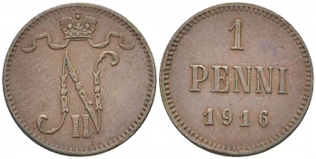 РОССИЯ ДЛЯ ФИНЛЯНДИИ 1 ПЕННИ 1916 НИКОЛАЙ II (1895-1917) KM 13, Биткин 476 медь 211-1037