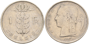 БЕЛЬГИЯ 1 ФРАНК 1952 BELGIE KM 142.1 медно-никель 4589-753