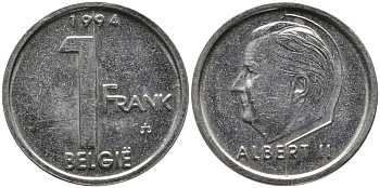 БЕЛЬГИЯ 1 ФРАНК 1994 BELGIE, АЛЬБЕРТ II (1993-) KM 188 железо плакированное никелем 99-1246