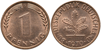 ФРГ 1 пфеннига 1970 G KM 105, J. 380 сталь плакированная медью UNC 99-1257