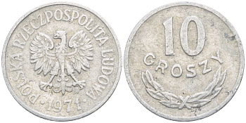 ПОЛЬША 10 ГРОШЕЙ 1971 MW KM АА47 алюминий 4547-864