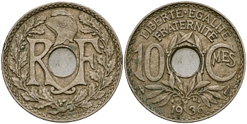 Франция 10 сантимов 1936 KM 866a медно-никель 51-2754