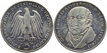 ФРГ 5 марок 1981 G, 150 лет со дня смерти Карла фон Штейна KM 155, J. 430 медно-никель плакированный никелем UNC 1520-1341
