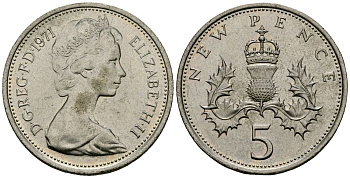 Великобритания 5 пенсов 1971 Елизавета II (1952-2022) KM 911, Spink 4233 (D1) медно-никель 4538-142