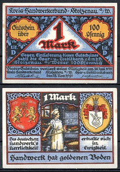 Штольценау (Пруссия, Ганновер) 1 марка 1921 Mehl Grabowski 1277.1-11/12 бумага UNC (пресс) 7556-70-3-3