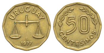 Уругвай 50 сентесимо 1977 KM 68 алюминиевая бронза 4637-1214