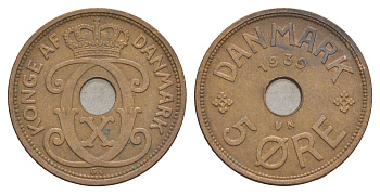 Дания 5 эре 1939 N, Кристиан X (1912-1947) KM 828 бронза 4638-631