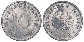 ГЕРМАНИЯ 10 РЕЙХСПФЕННИГОВ 1948 F, ОККУПАЦИЯ ГЕРМАНИИ СОЮЗНЫМИ ВОЙСКАМИ KM A 104 цинк aUNC 02-264-57
