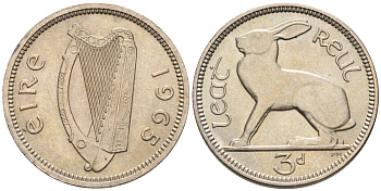 Ирландия 3 пенса 1965 заяц KM 12а медно-никель UNC 4580-931