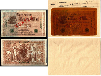 Германия 1000 марок 1910 зеленая печать, 21 апреля, MUSTER, образец, Specimen. В оригинальном банковском конверте. Из коллекции Отто Сейфферта (помощник Ялмара Шахта - министра экономики Германии и президента Рейхсбанка времен третьего рейха) Pick 45 s, G