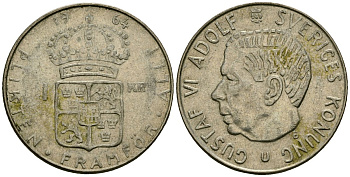 Швеция 1 крона 1964 U, Густав VI Адольф (1950-1973) KM 826 серебро 4177-1016