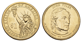 США 1 доллар 2009 Президент США - Джон Тайлер (1841-1845) KM 451 медь с марганцево-латунным покрытием UNC 106-1256