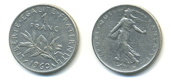 ФРАНЦИЯ 1 ФРАНК 1960 СЕЯТЕЛЬ KM 925.1, LE FRANC 226.4 никель 57-112