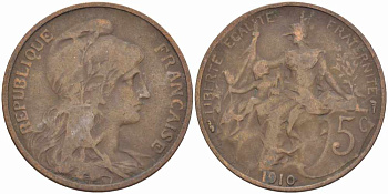 ФРАНЦИЯ 5 САНТИМОВ 1910 ТИП ДАНИЭЛЬ ДЮПЮИ KM 842, LE FRANC 119.22 бронза 108-922