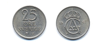 Швеция 25 эре 1967 Густав VI Адольф (1950-1973) KM 836 медно-никель 51-5232