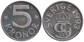 Швеция 5 крон 1993 D, Карл XVI Густав (1973- ) KM 853a медно-никель PROOFLIKE 84-133
