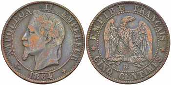 ФРАНЦИЯ 5 САНТИМОВ 1864 BB, НАПОЛЕОН III (1852-1870) KM 797.2, LE FRANC 117.12 бронза 108-612