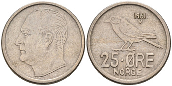 Норвегия 25 эре 1961 Улаф V (1958-1991), синица KM 407 медно-никель 4580-1031