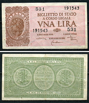 Италия 1 лира 1944 подписи Di Cristina, Cavallaro, Parisi Pick 29 c, Grapanzano BS 8  бумага  aUNC 8614-7-4-1