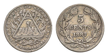 Никарагуа 5 сентаво 1887 год-тип KM 5 серебро 1520-1522