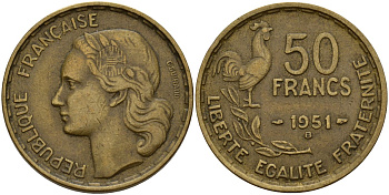 Франция 50 франков 1951 B, Петух KM 918.1, Le Franc 425.5 алюминиевая бронза 4157-222