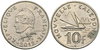 Французская Новая Каледония 10 франков 2012 рыбачья парусная лодка, (IEOM) KM 11a, Schoen 13a, Lec 99k медно-никель 65-833