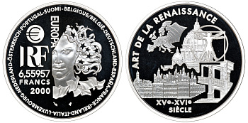 Франция 1 евро = 6,55957 франков 2000 архитектура Ренессанса (XV-XVI веков) в оригинальной коробке, с сертификатом KM 1225 серебро PROOF 4-3-3-18