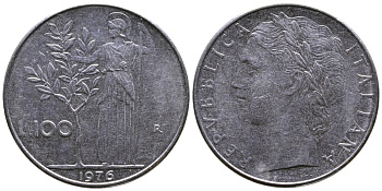 ИТАЛИЯ 100 ЛИР 1976 R, АФИНА KM 96.1 нержавеющая сталь 3334-136