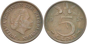 Нидерланды 5 центов 1957 Юлиана (1948-1980) KM 181 бронза 213-1025