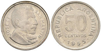 Аргентина 50 сентаво 1955 генерал Хосе де Сан Мартин KM 49, CJ 226, Schon 52 сталь плакированная никелем    60-1011
