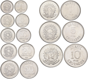 Бразилия набор из 8 монет (1, 5, 10, 20 и 50 сентаво; 1, 5 и 10 крузадо) 1986-1988 KM 600, 601, 602, 603, 604, 605 и 606 нержавеющая сталь UNC 4666-1151-1155