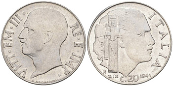 ИТАЛИЯ 20 ЧЕНТЕЗИМО 1941 R, ГОД XIX, ВИКТОР ЭММАНУИЛ III (1900-1946) KM 75b, VEM3. 1028 нержавеющая сталь 3853-757