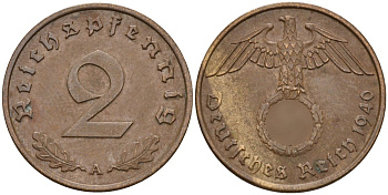 Германия 2 рейхспфеннига 1940 A KM 90, J. 362 бронза 4151-155