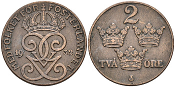 ШВЕЦИЯ 2 ЭРЕ 1932 ГУСТАВ V (1907-1950) KM 778 бронза 63-1333