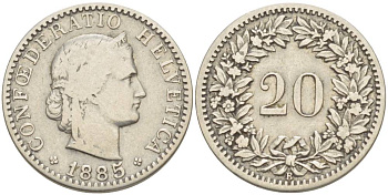 ШВЕЙЦАРИЯ 20 РАППЕНОВ 1885 В KM 29 никель 4514-531