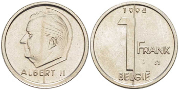 БЕЛЬГИЯ 1 ФРАНК 1994 BELGIE, АЛЬБЕРТ II (1993-) KM 188 железо плакированное никелем 3851-1152