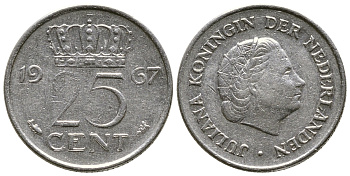 НИДЕРЛАНДЫ 25 ЦЕНТОВ 1967 ЮЛИАНА KM 183 никель 4383-1117